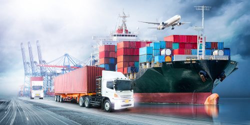 Logistics import export background and transport industry of Container Cargo freight ship at sunset sky